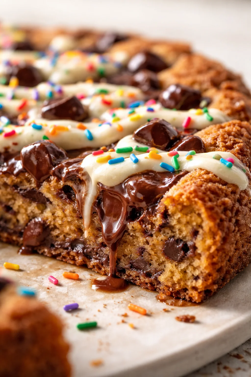Close-up of a chocolate chip cookie cake slice with melted chocolate, vanilla frosting, and colorful sprinkles