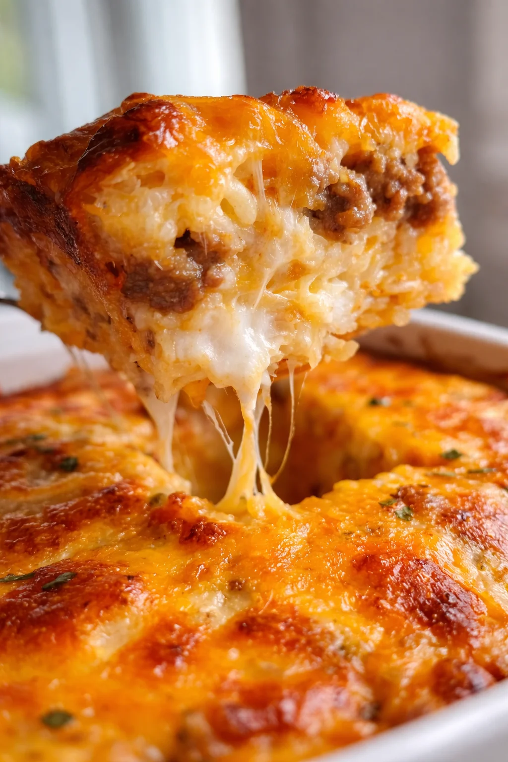 close-up of a cheesy lasagna slice being lifted from a baking dish with stretchy cheese