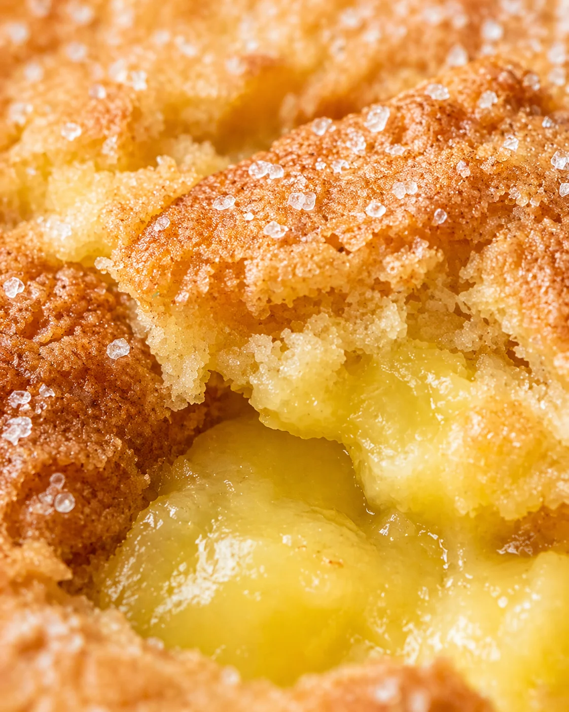 Close-up of a sugar-crusted pastry with lemon custard oozing from the center.