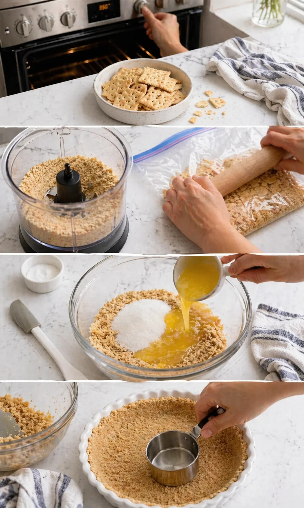 collage of steps to make graham cracker crust: crush, mix, pour, and press into pie pan