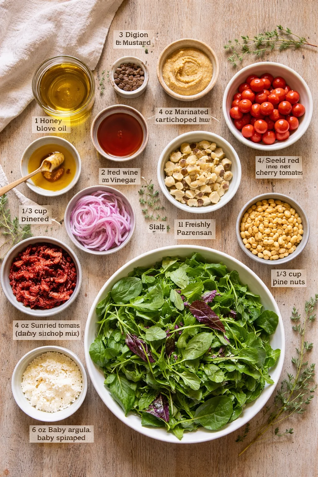 Top-down view of a greens salad surrounded by labeled bowls of ingredients on a wooden table.