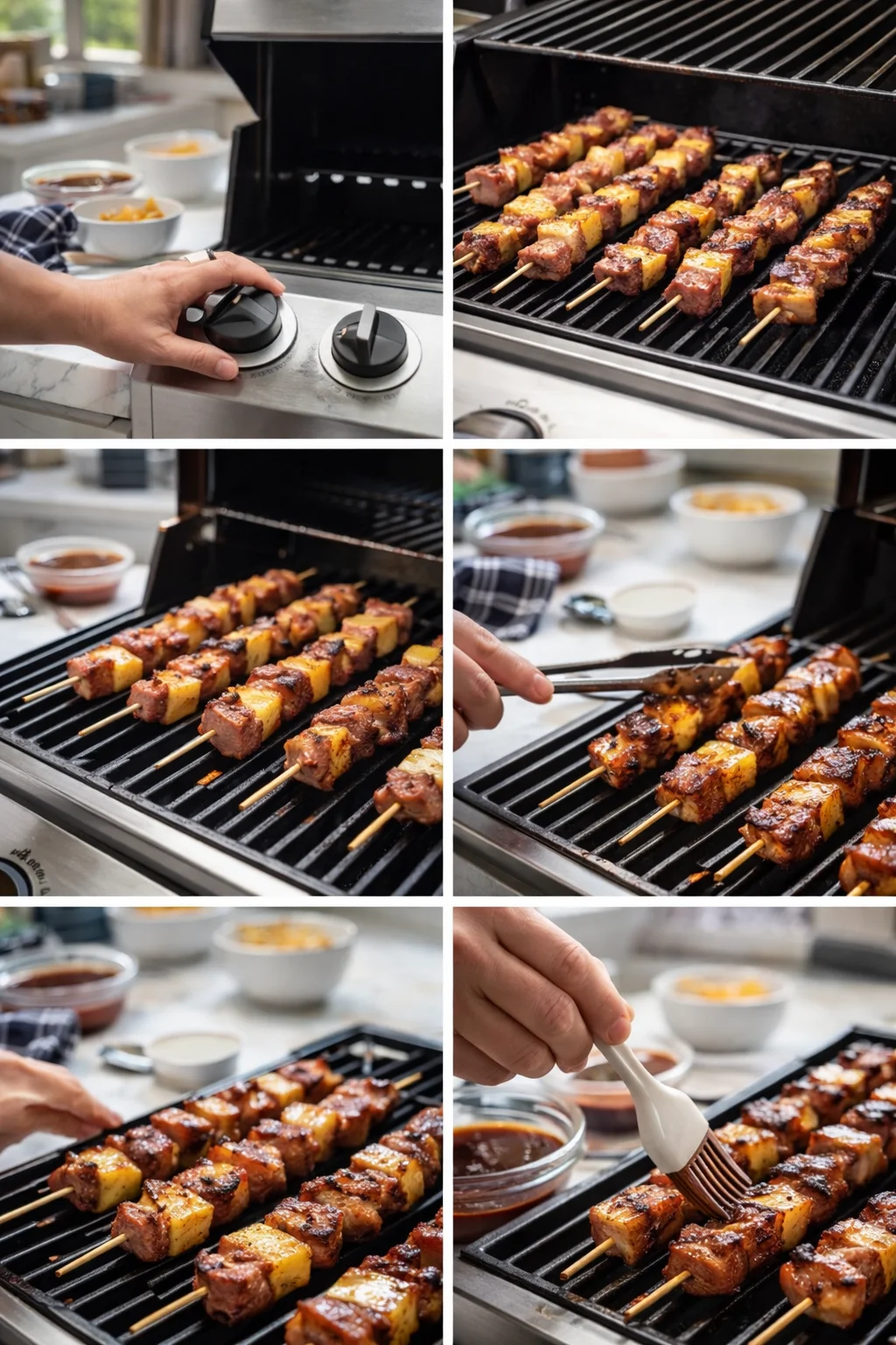 Skewers of beef and pineapple grilling on a barbecue, with smoky grates and sauce bowls in the background.