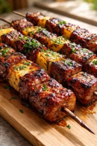 Skewered grilled beef and pineapple, glazed and charred, garnished with chopped herbs on a wooden board