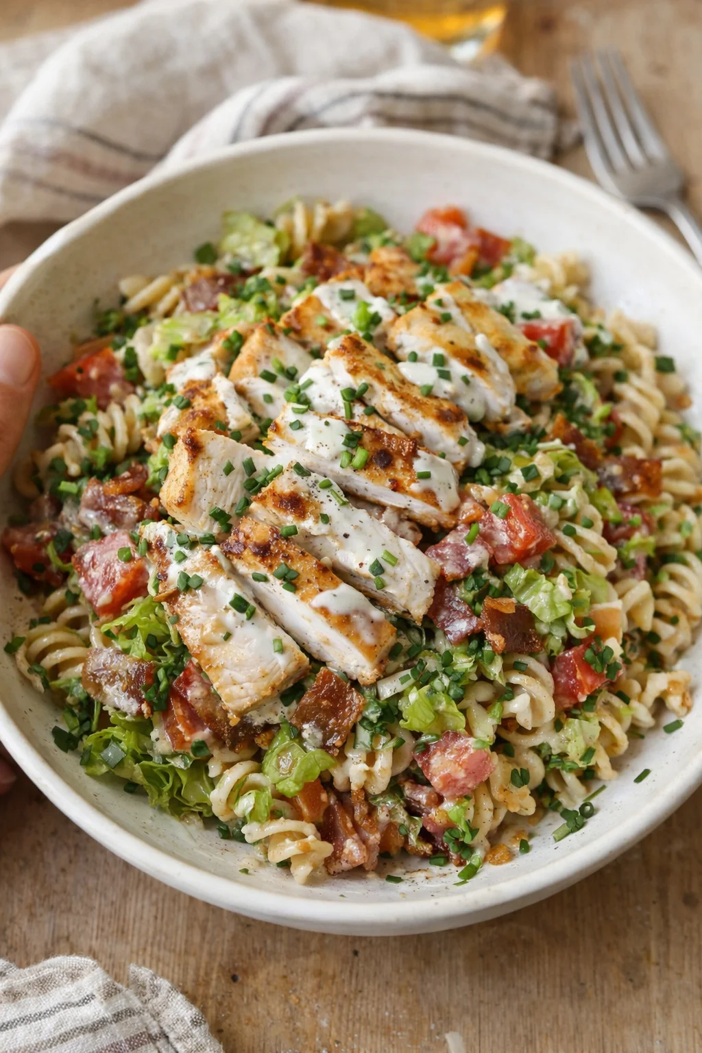 bowl of pasta topped with sliced grilled chicken, crispy bacon, tomatoes, greens, and chives