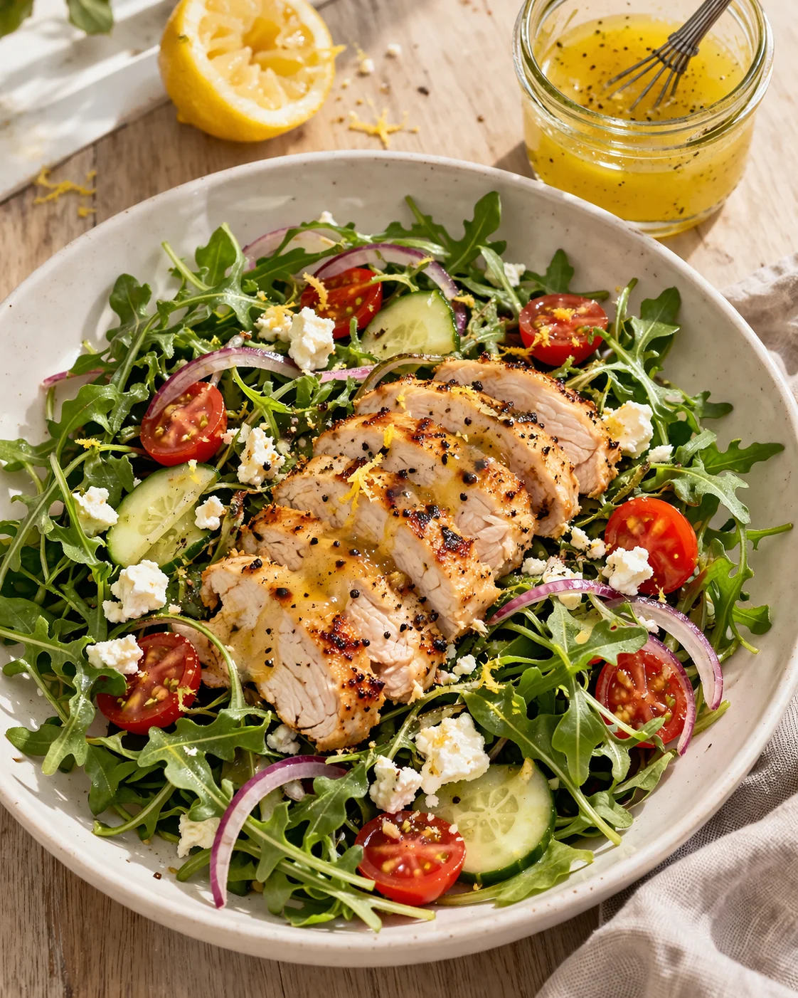 sliced grilled chicken atop arugula salad with cucumber, cherry tomatoes, red onion, and feta