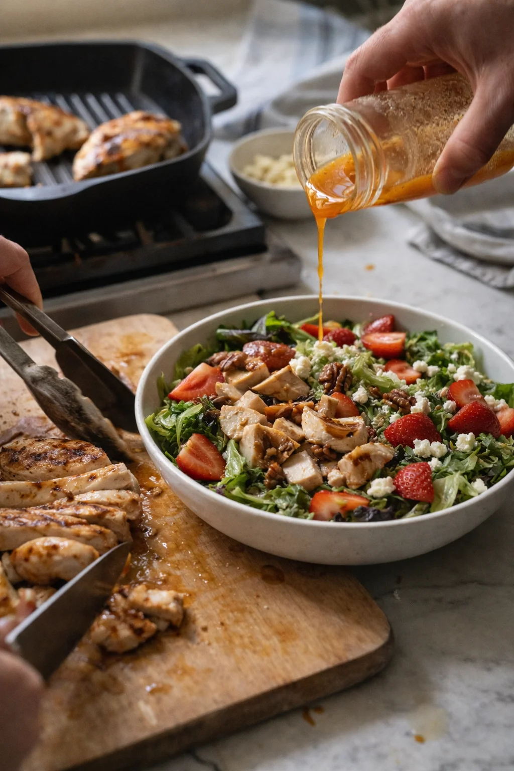 salad bowl with greens, grilled chicken, strawberries, feta, pecans; orange dressing poured.