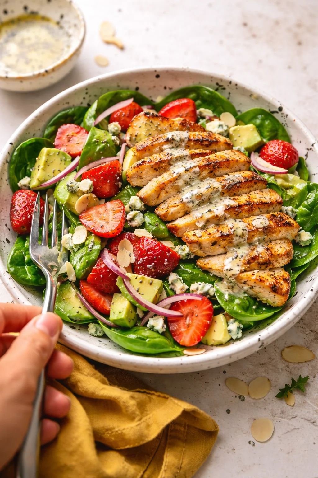 Grilled chicken slices atop a spinach salad with strawberries, avocado, red onion, almonds, and crumbled cheese.