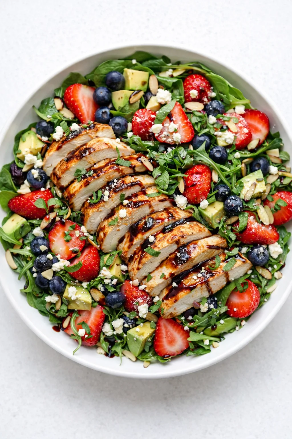 round white bowl of greens topped with sliced grilled chicken, berries, avocado, and feta