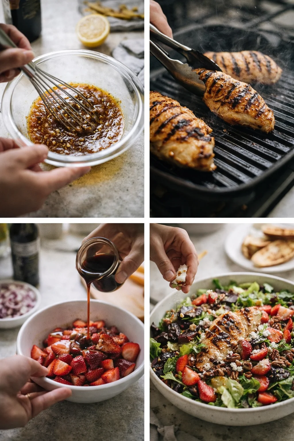 four-panel collage of cooking steps: whisking glaze, grilling chicken, pouring glaze on strawberries, and assembling a strawberry salad with greens