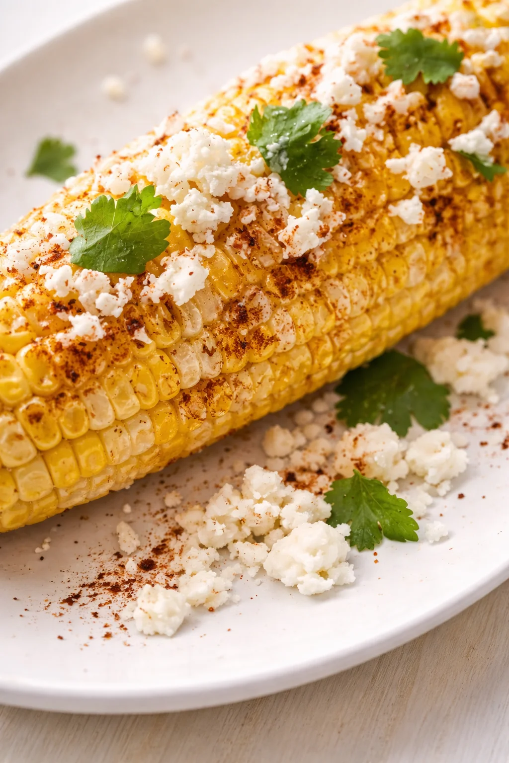 close-up of grilled corn on the cob with cotija cheese, chili powder, and cilantro on a white plate.