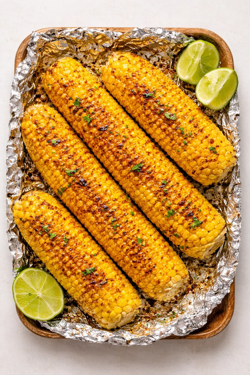 Three charred corn on the cob on a foil-lined tray with lime wedges.