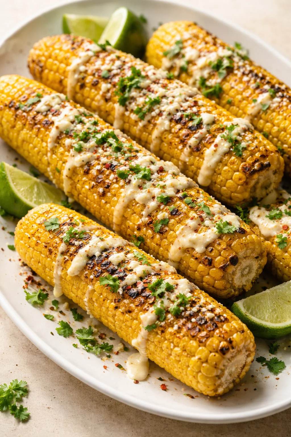 plate of grilled corn on the cob drizzled with creamy sauce and cilantro