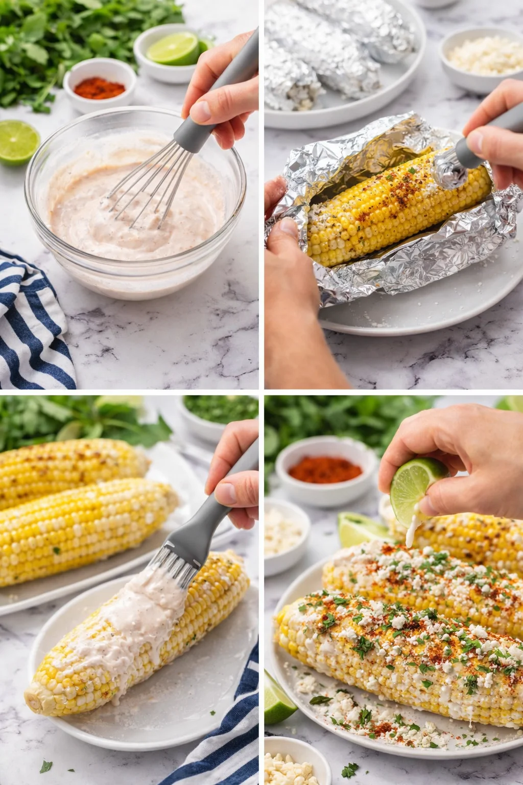 four-panel collage of corn on the cob being prepared: whisking sauce, foil-wrapped corn, brushing sauce, with lime and toppings