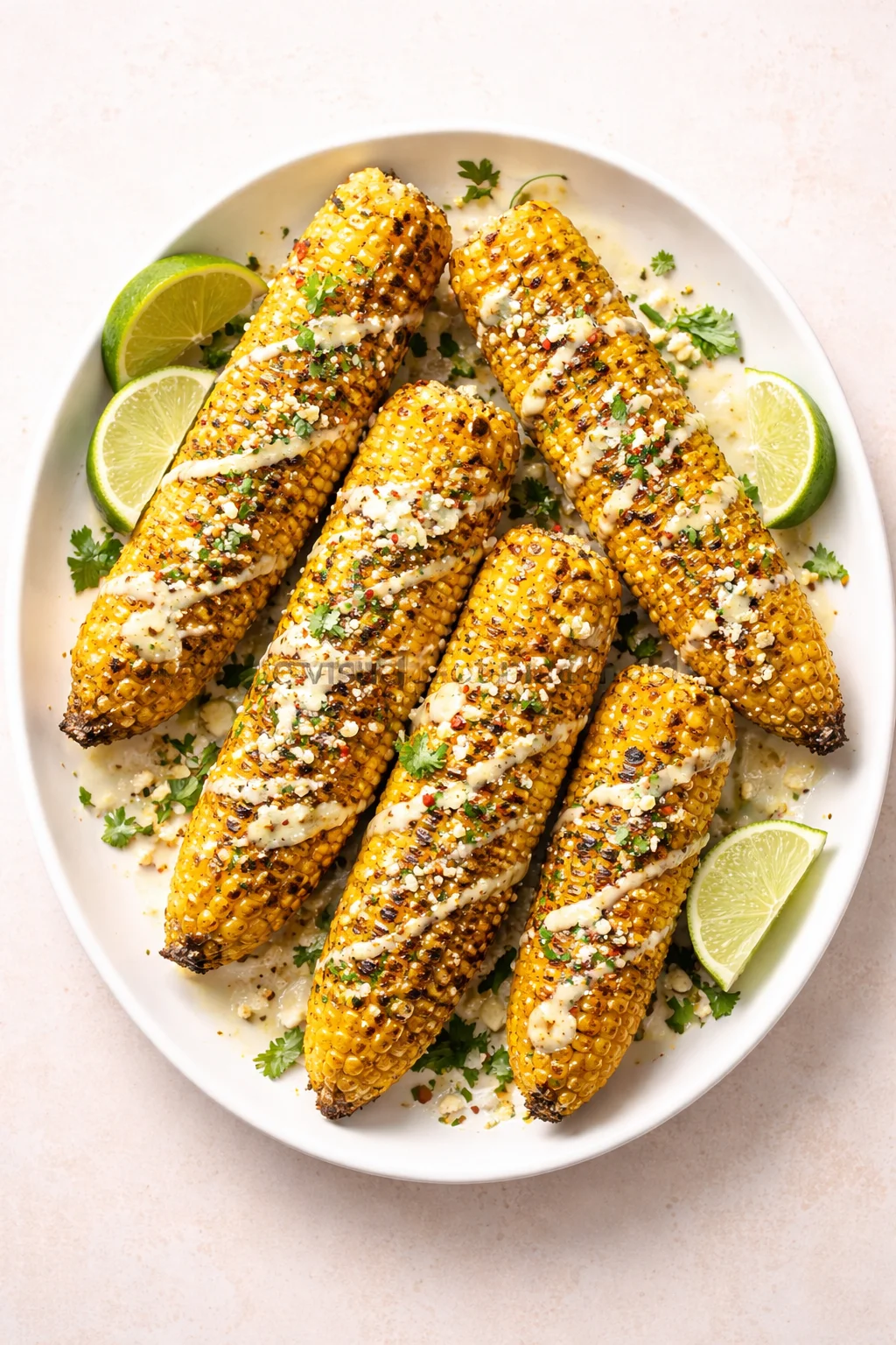 Five grilled corn ears drizzled with creamy sauce on a white platter with lime wedges.