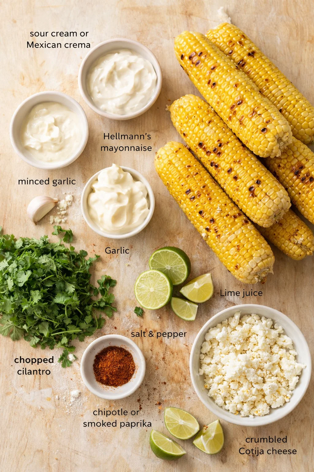 Top-down view of corn on the cob with bowls of crema, mayo, cotija cheese, lime, cilantro, and spices.