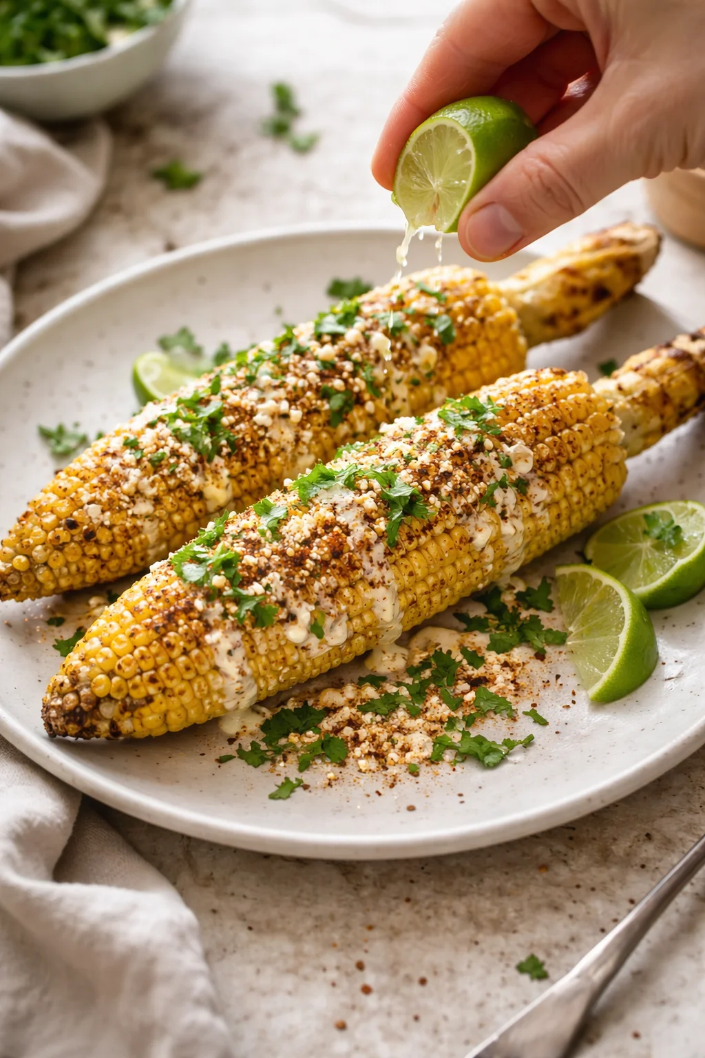 Two grilled elote corn on a plate with lime wedges, crema drizzle, and fresh cilantro.