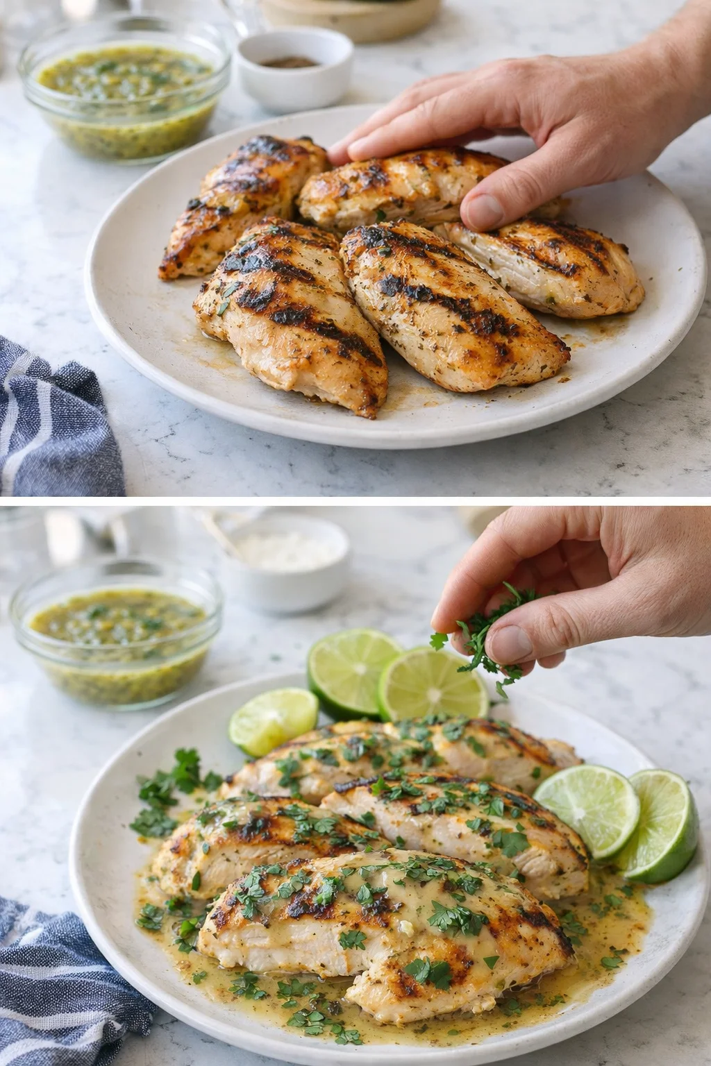 Grilled chicken slices with char marks and herbs on a plate, lime wedges and chimichurri nearby.