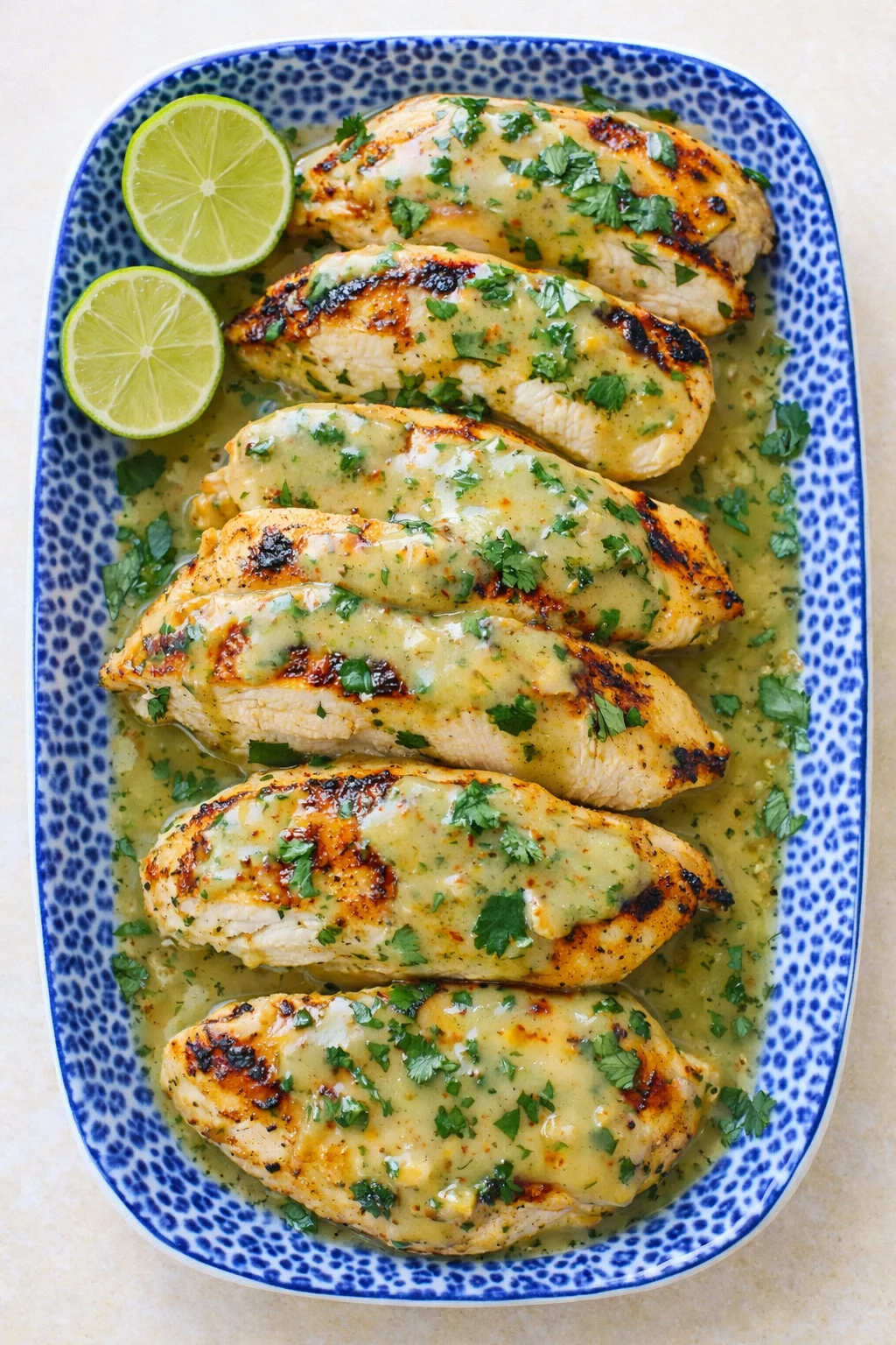 Grilled lemon-herb chicken on a blue speckled platter, garnished with parsley and lime wedges.