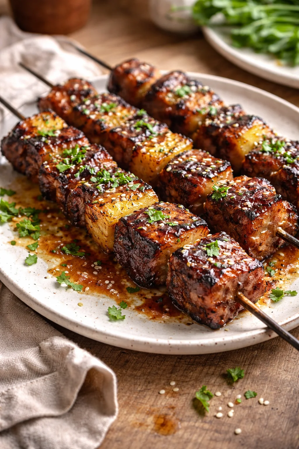 glazed grilled meat skewers with sesame and herbs on a rustic plate