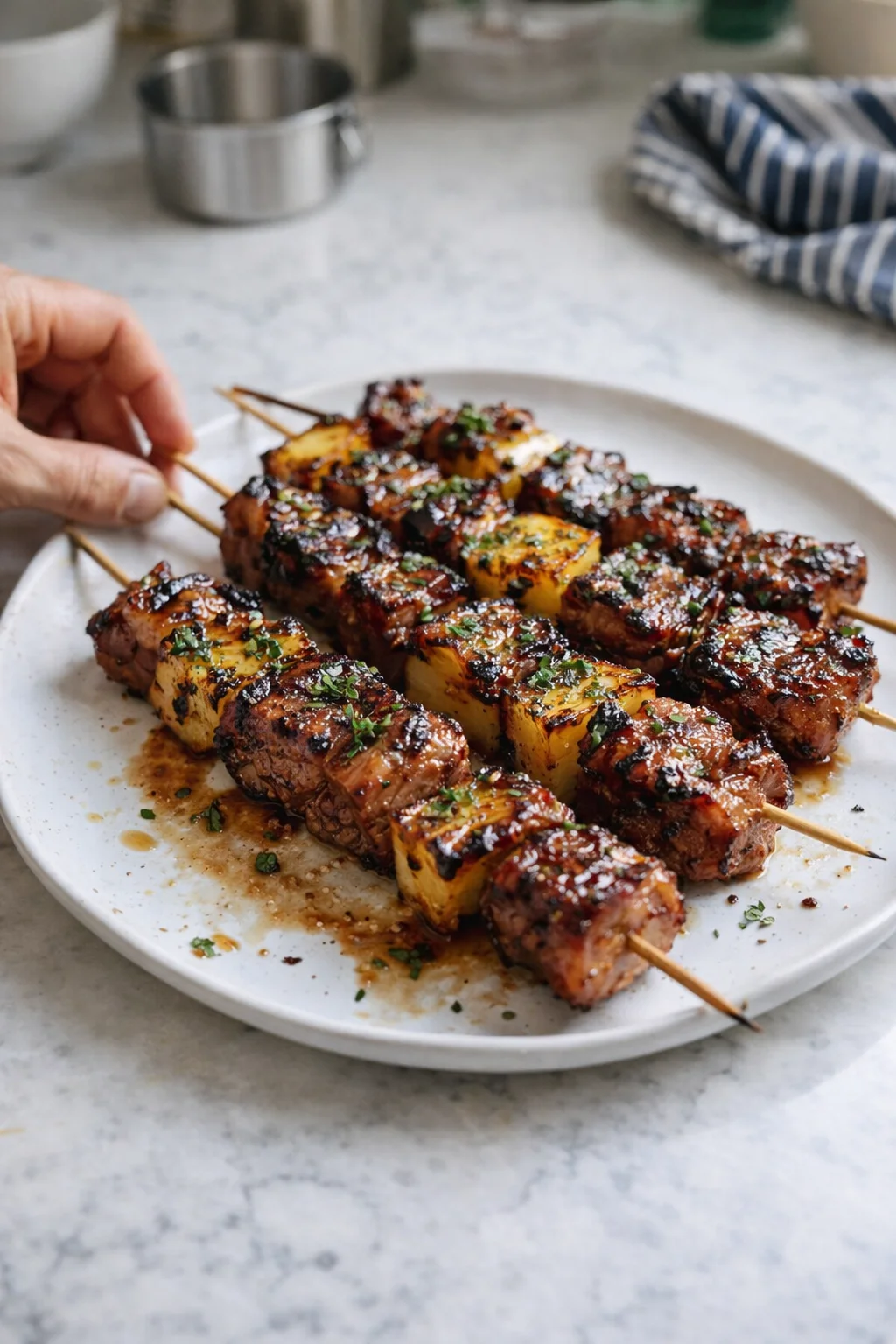 Skewers of glazed grilled meat and pineapple on a white plate with parsley and sauce.
