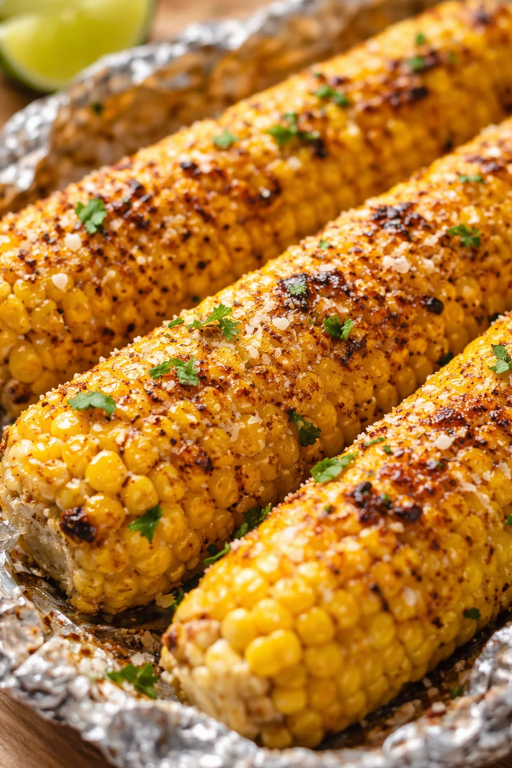 three ears of grilled corn on foil, golden kernels with charred spots and herbal flecks