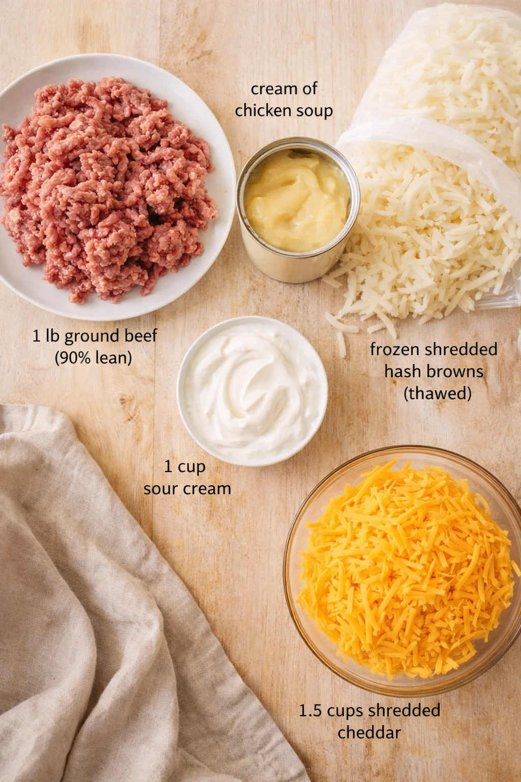 Top-down view of ingredients for hash brown cheddar casserole: ground beef, hash browns, cheddar, sour cream, soup.