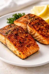 Two herb-crusted salmon fillets on a white plate with lemon wedges and parsley