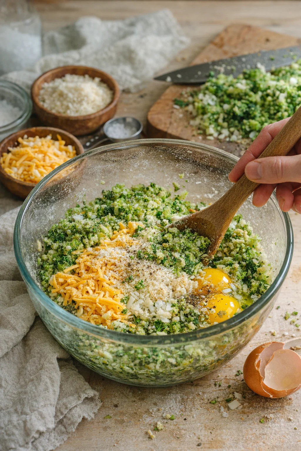 Glass mixing bowl containing chopped greens, eggs, and shredded cheese being stirred with a wooden spoon.