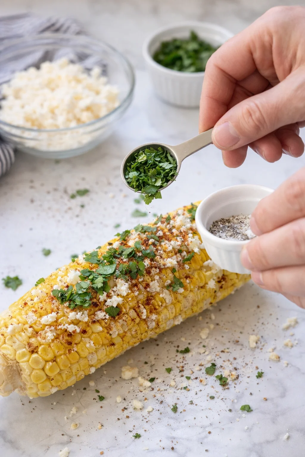 Hands sprinkling chopped parsley over corn on the cob topped with crumbled cheese.