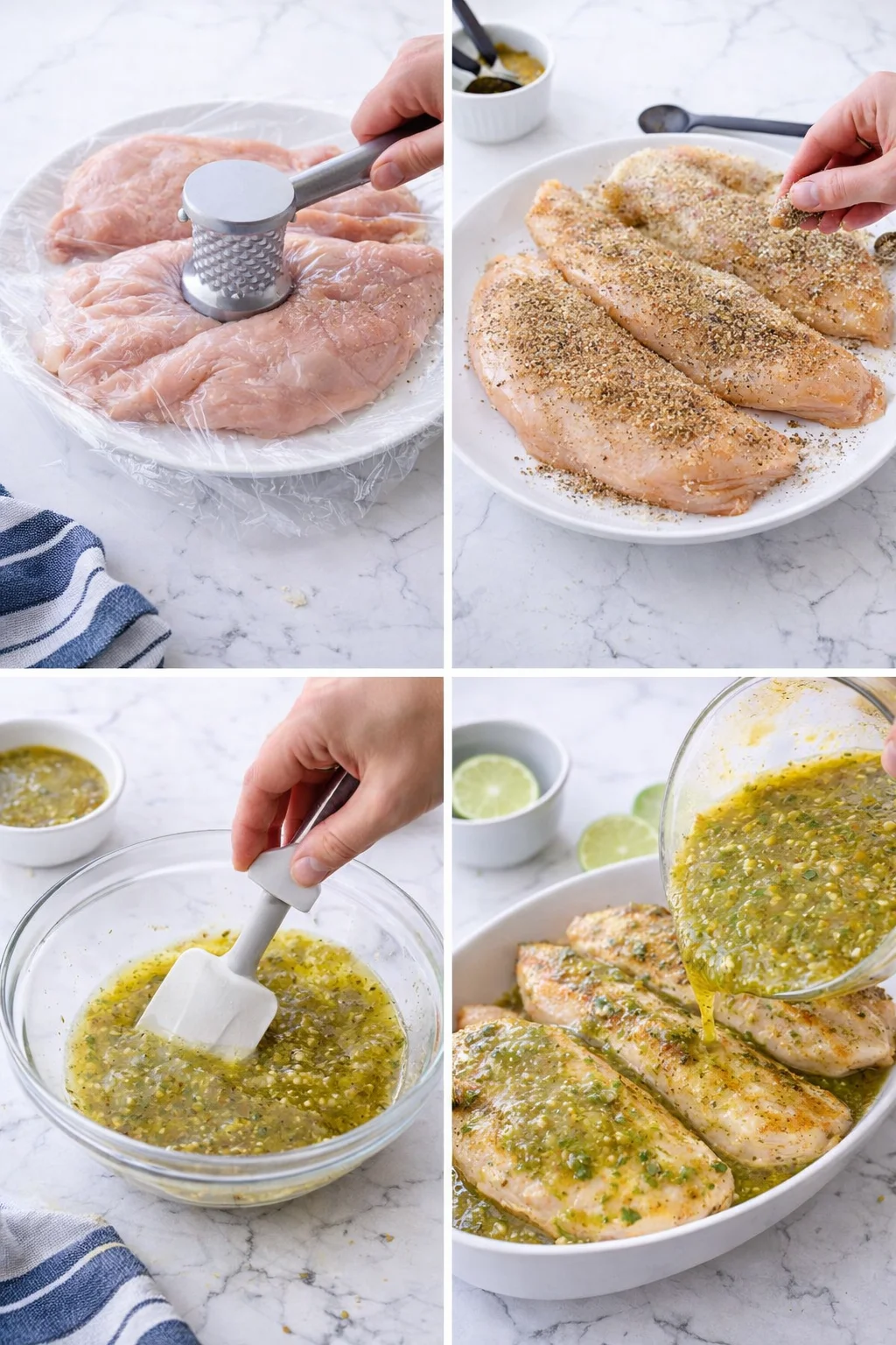 Four-panel collage showing raw chicken being pounded, seasoned, marinated, and coated with herb sauce.