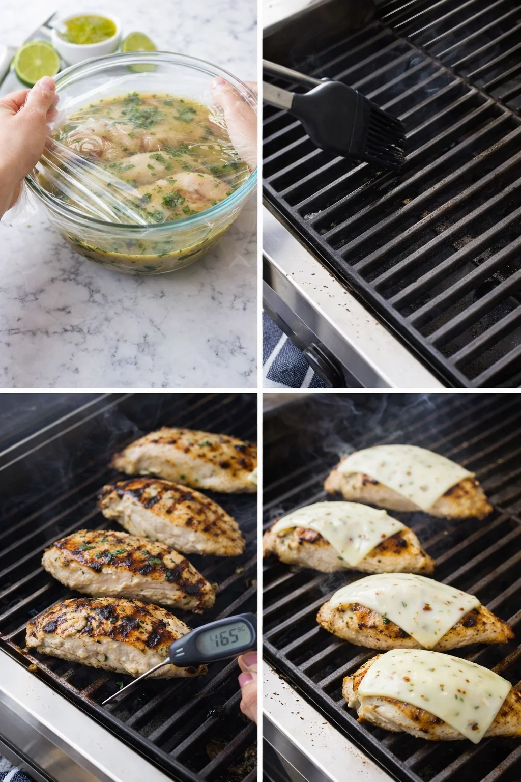 collage of herb-marinated chicken in a bowl, grilling on a barbecue, and cheese-topped pieces