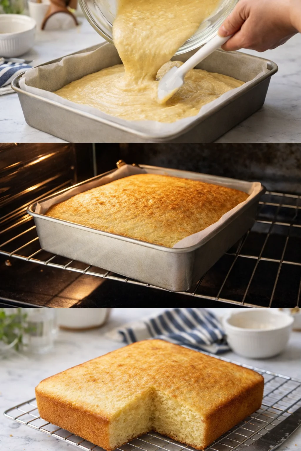 collage showing batter poured into parchment-lined loaf pan, baking in oven, and a sliced golden pound cake on a rack
