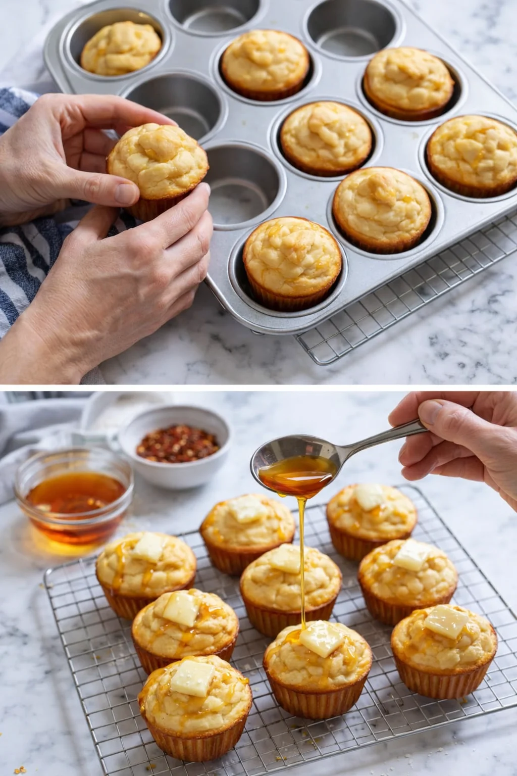 two-panel image of golden muffins in a tin and on a cooling rack, with butter on top and honey being drizzled.