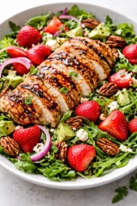 glazed chicken slices on a bed of arugula salad with strawberries, avocado, red onion, and pecans