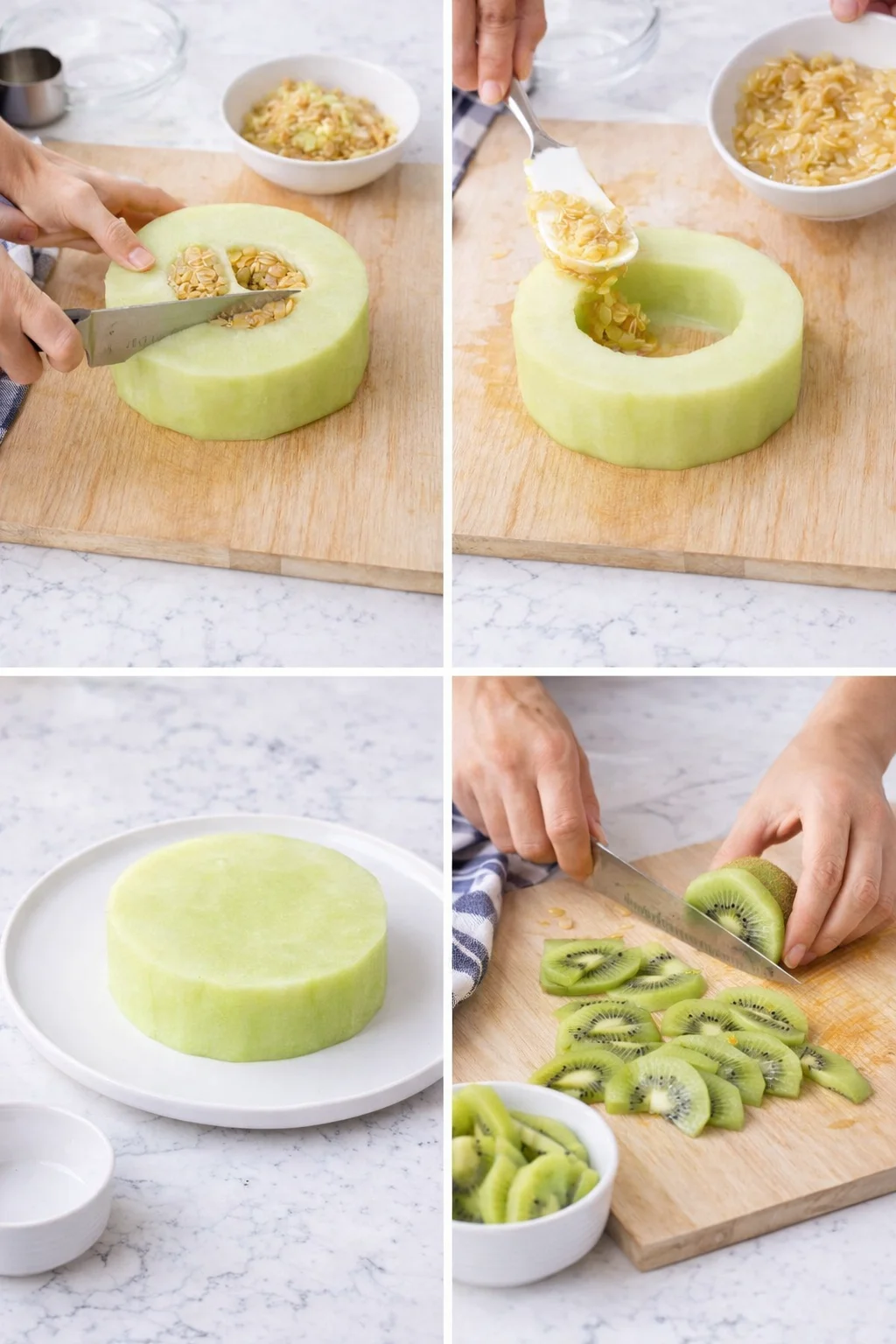 Green honeydew melon ring hollowed and filled with granola on a wooden cutting board.