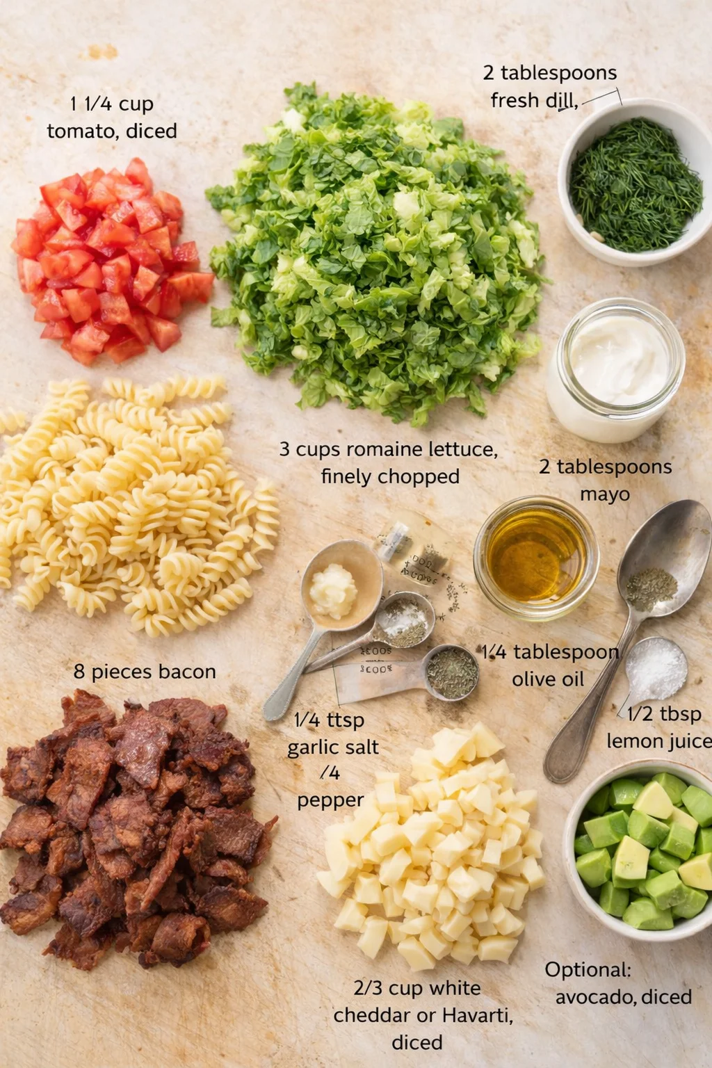 Overhead view of a colorful ingredients collage laid on a light surface with labeled amounts.