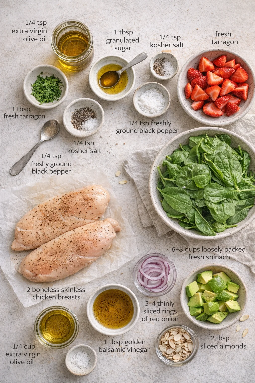 Overhead view of raw chicken breasts, spinach, strawberries, avocado, onions, and oils arranged with labels.