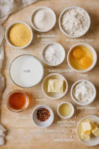 Overhead view of baking ingredients in bowls on a wooden surface, labeled for reference.