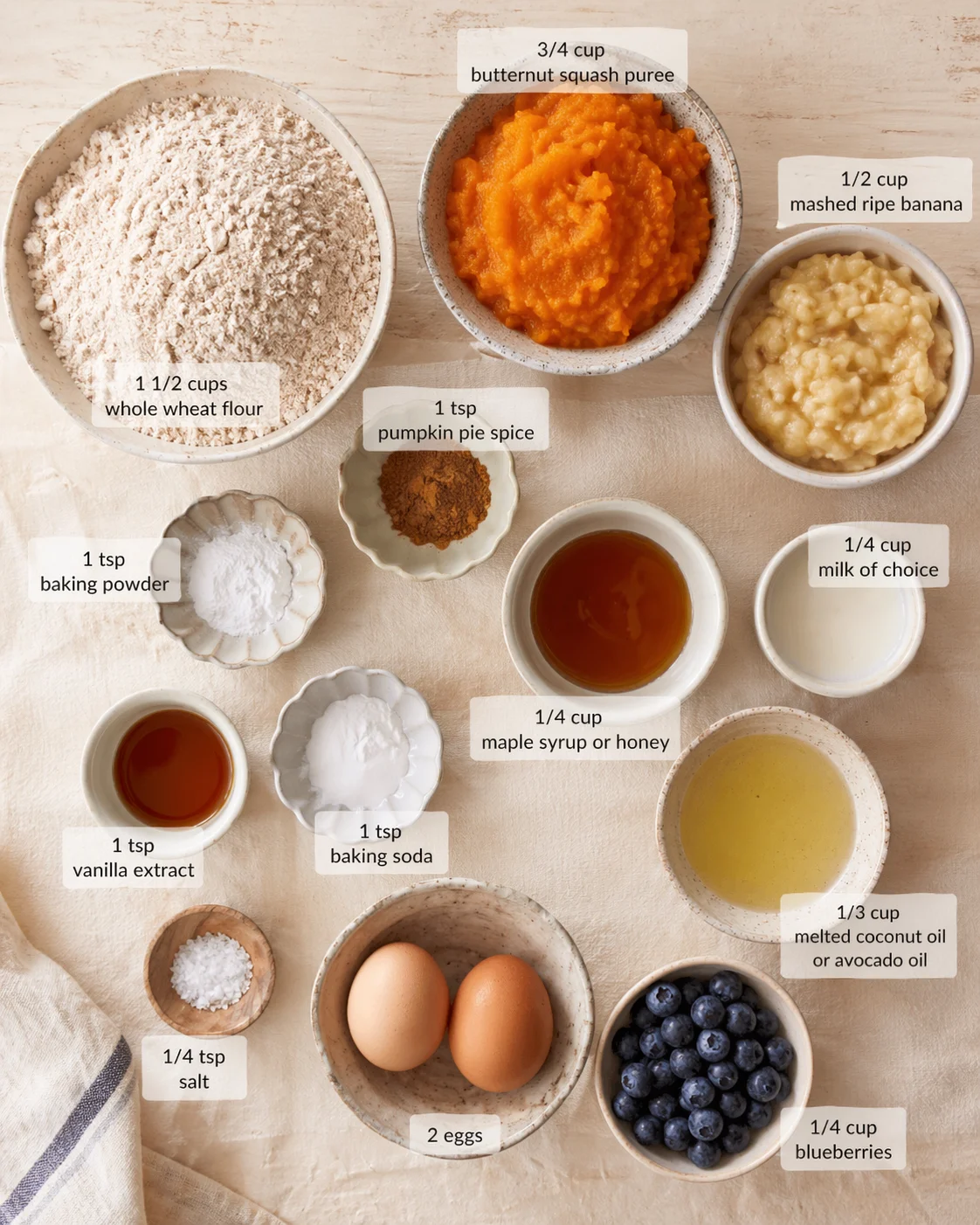 Top-down view of baking ingredients arranged in bowls with labeled measurements.
