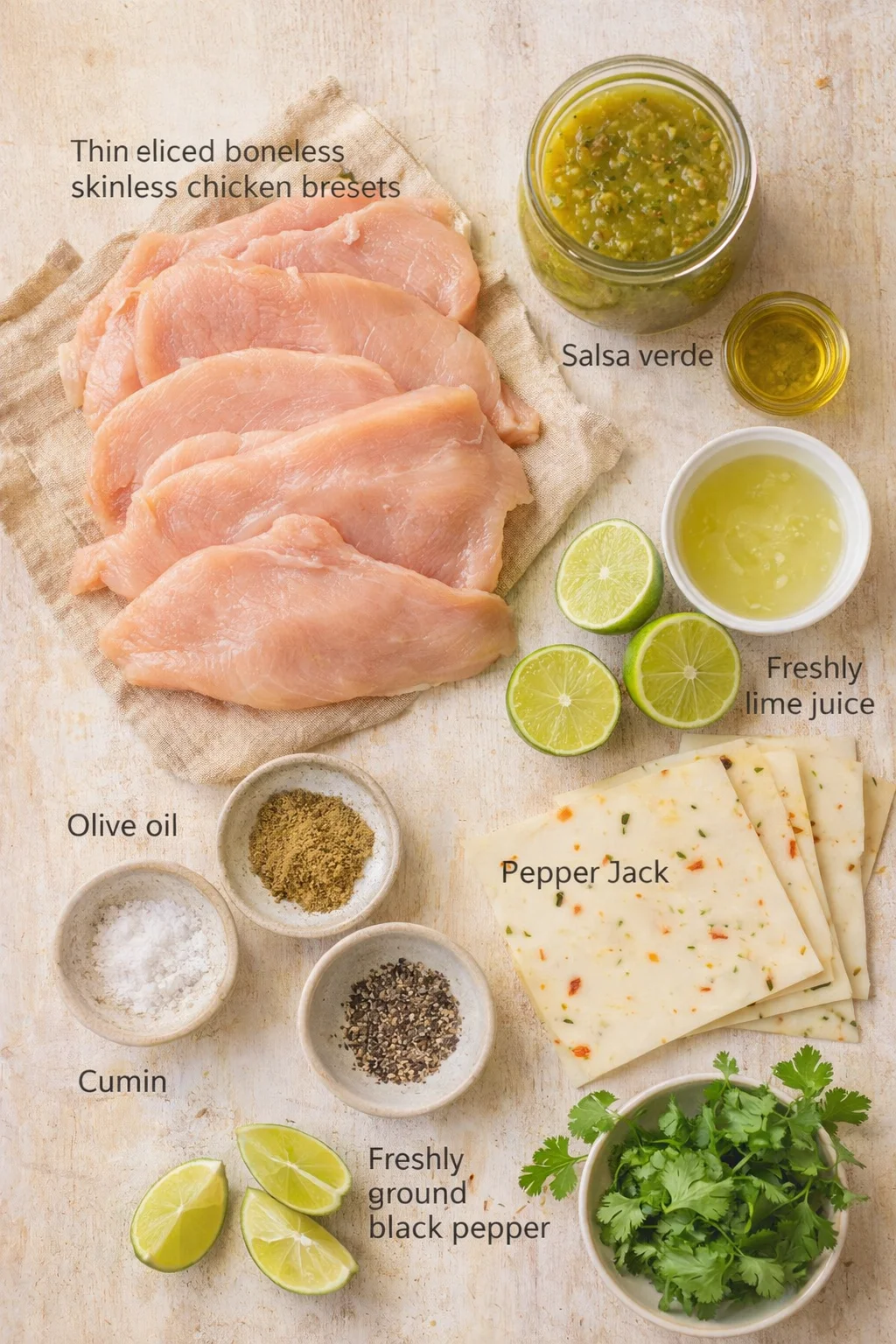 Raw chicken breasts with salsa verde, lime juice, spices, and cheese slices on a wooden background.