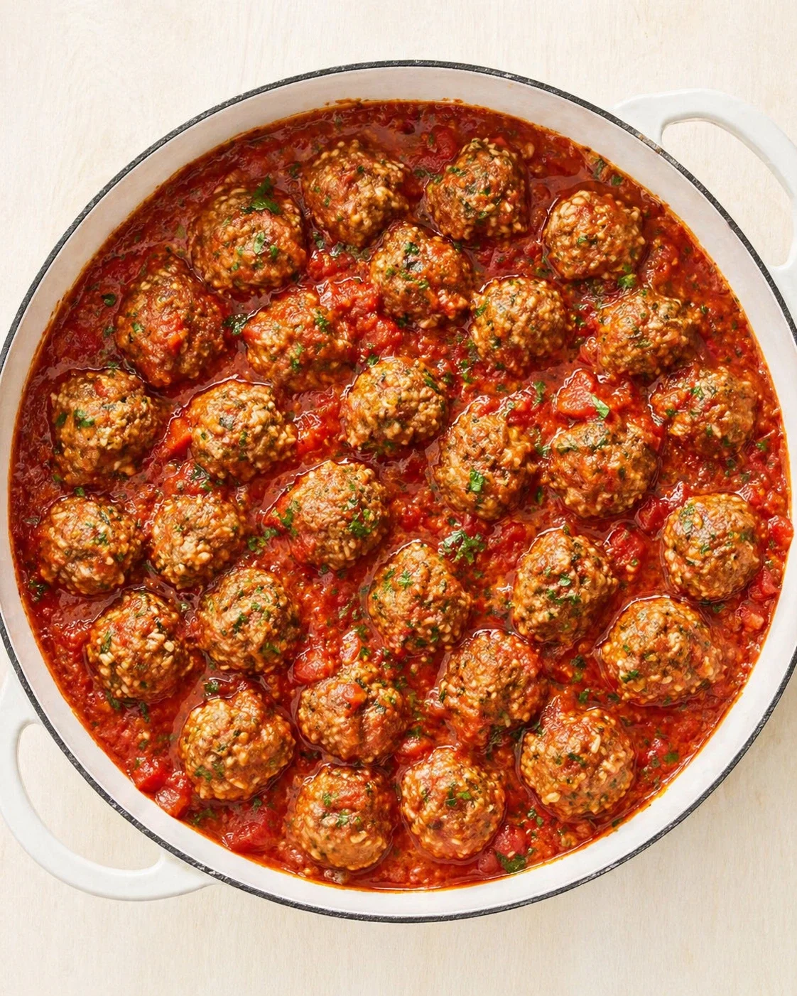 White enamel pot filled with meatballs in chunky red tomato sauce, garnished with herbs.