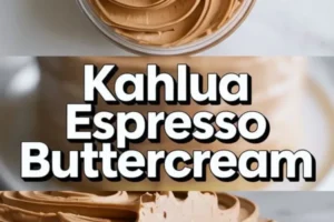 Vertical collage shows a bowl of smooth coffee buttercream swirled into soft peaks on top and a layered vanilla cake filled and frosted with Kahlua espresso buttercream on bottom. Large bold text reads “Kahlua Espresso Buttercream,” highlighting coffee frosting for cakes and cupcakes.