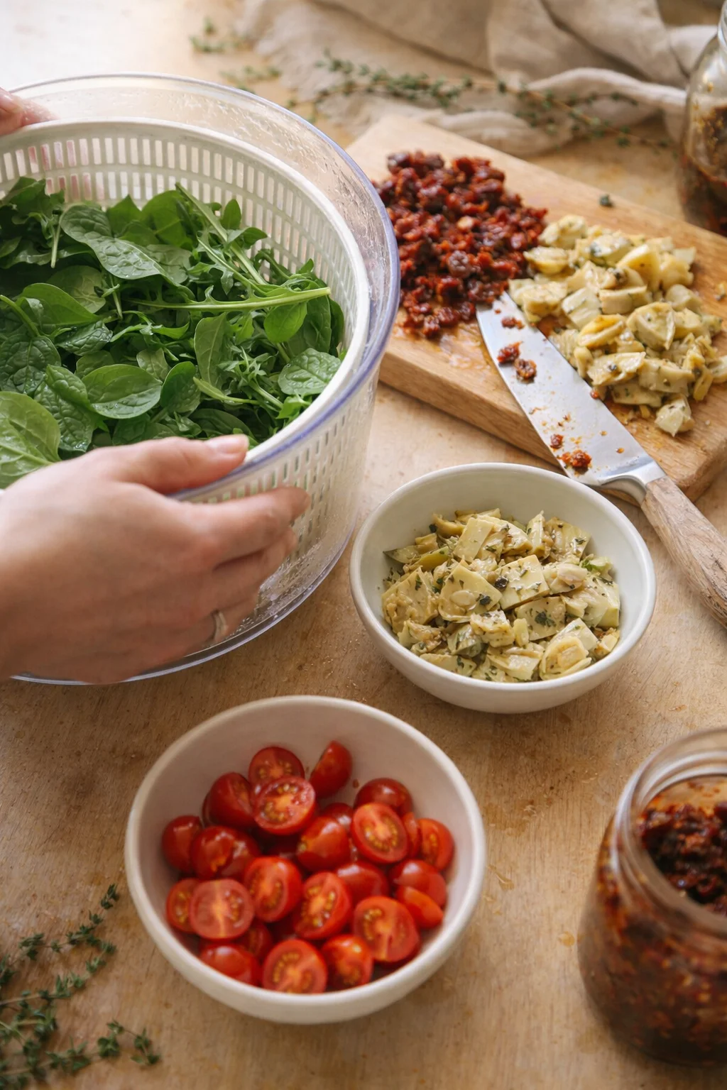Hands cradle a colander of fresh greens on a wooden table with bowls of cherry tomatoes and chopped ingredients nearby.