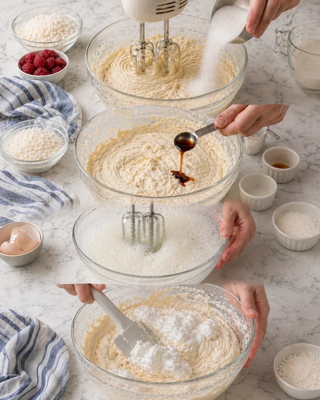 Overhead view of batter prep with a mixer, pouring sugar, and raspberries nearby