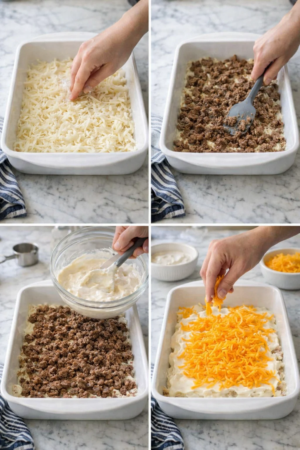 collage showing step-by-step beef and cheese casserole assembly: cheese layer, crumbled meat, sauce, and cheddar topping