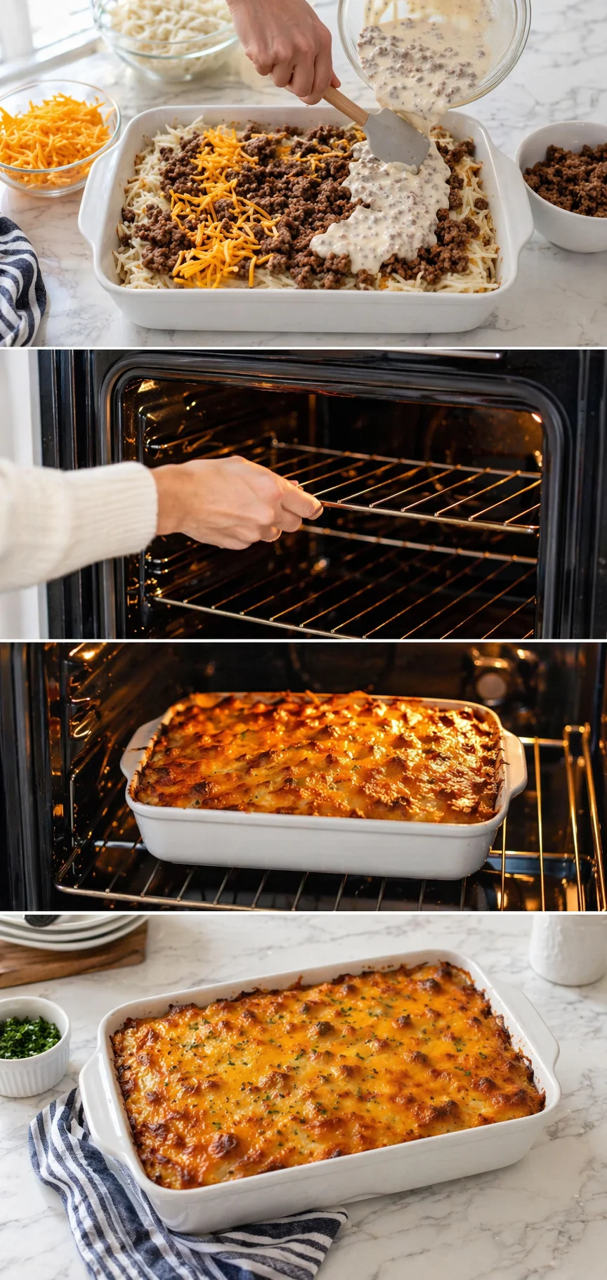 white baking dish with layers of cheese and beef, being poured with creamy sauce, then baked to golden bubbly perfection