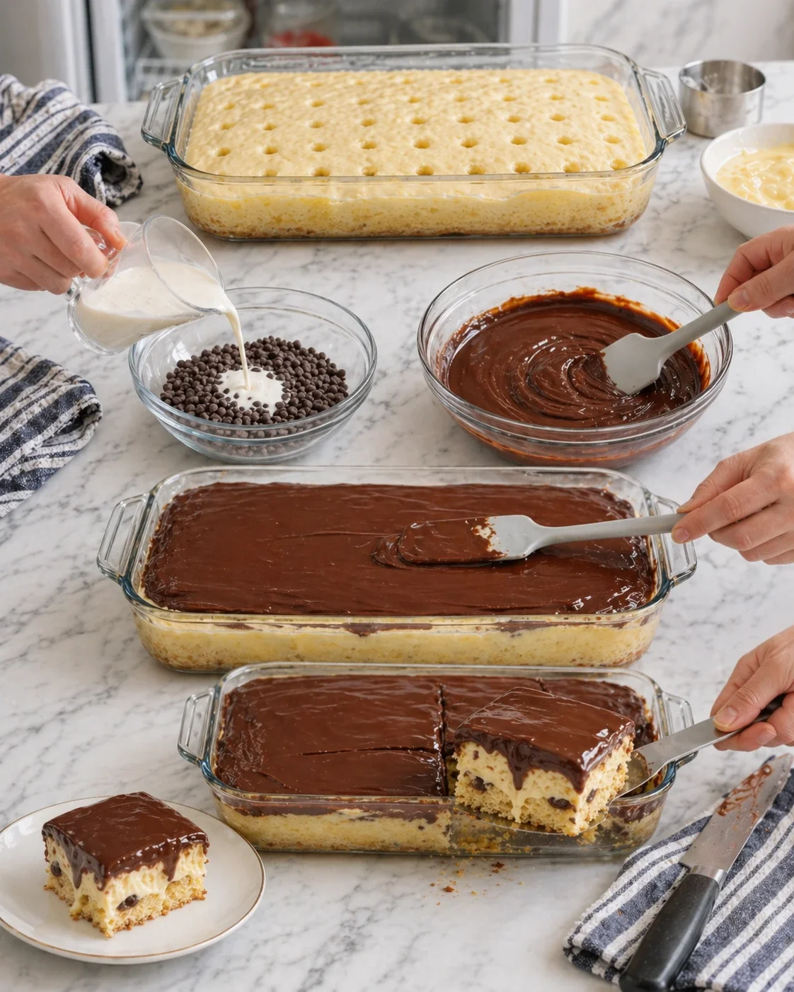 dessert bars with chocolate ganache in a glass dish on a marble counter