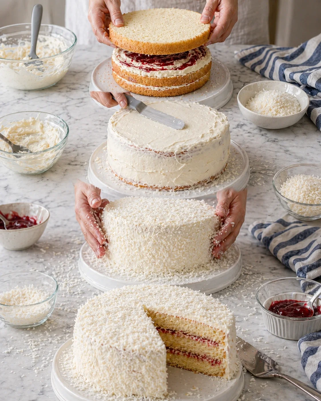 hands stack white-frosted cake layers on a marble counter with bowls of frosting and shredded coconut nearby