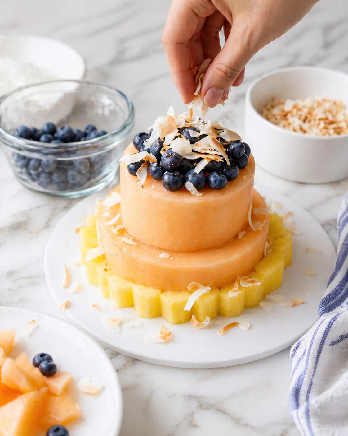 Two-tier melon-based cake topped with blueberries and coconut flakes on a marble surface.