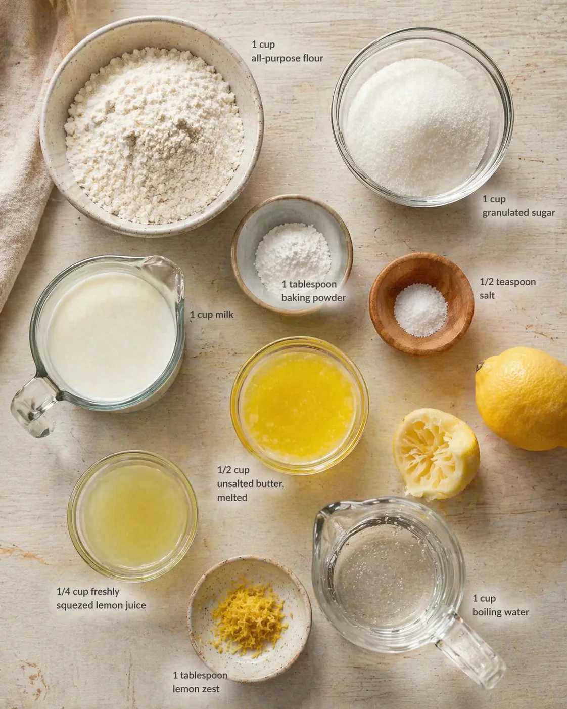 Top-down view of labeled baking ingredients arranged on a light wooden surface.